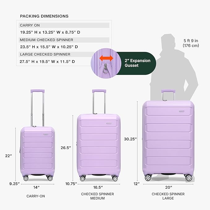 Traveler's Choice Pagosa Indestructible Hardshell Expandable Spinner Luggage, Lavender, 3-Piece Set (22/26/30)
