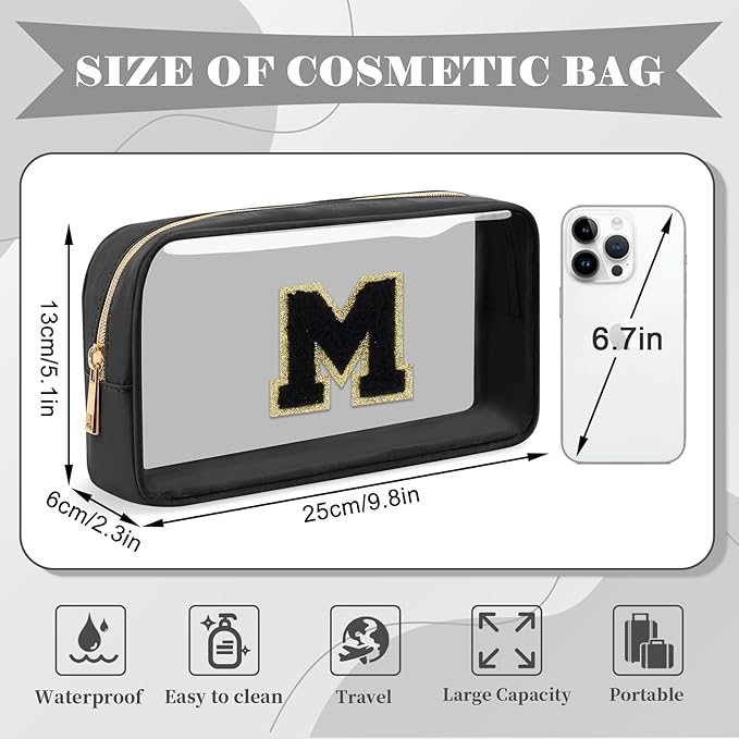 Personalized Initial Letter Clear Makeup Bag,Preppy Small Nylon&PVC Cosmetic Zipper Bag with Chenille Letter,Travel Skincare Toiletry Bag,Monogram Christmas Gift for Teen Girls Women,M