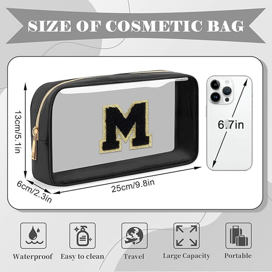 Personalized Initial Letter Clear Makeup Bag,Preppy Small Nylon&PVC Cosmetic Zipper Bag with Chenille Letter,Travel Skincare Toiletry Bag,Monogram Christmas Gift for Teen Girls Women,M