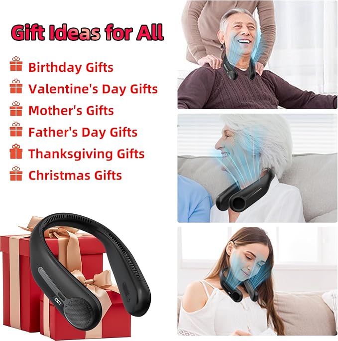Portable Neck Fan,Hands Free Personal Wearable Bladeless Fan,6000mAh USB Rechargeable,360° Cooling,LED Display,4-Speeds,Birthday Gifts for Men Women Dad Mom,Stocking Stuffers Christmas Gifts (Black)