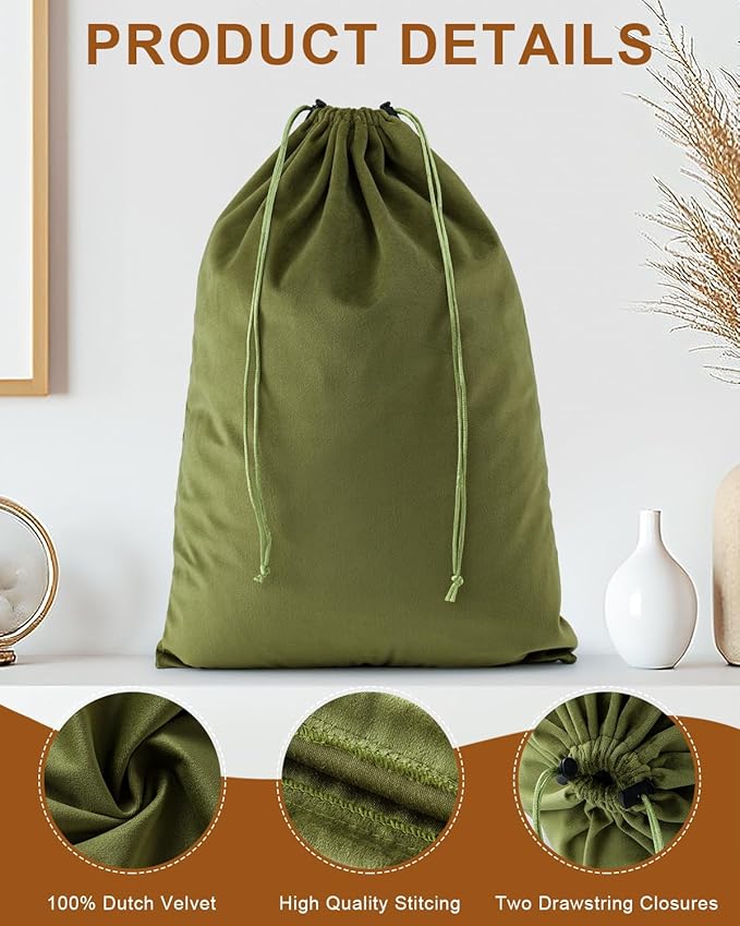 FantasyLife Shoe Bags for Travel, Washable Dust Bags for Storage & Packing, Flannel Shoe Pouch with Drawstring Closure for Purses, Handbags, Shoes & Toys (2, Sage Green)