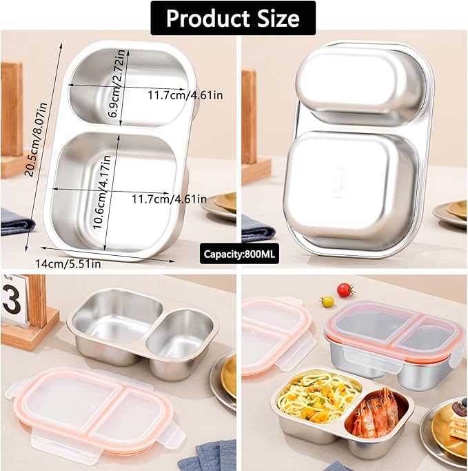 Ahongwenxi Large Stainless Steel Snack Box Containers, Reusable 2 Compartment Condiment Box with Lids, Food Container Sauce Cups, Divided Food Storage Containers for Home and Travel (Clear Lid)