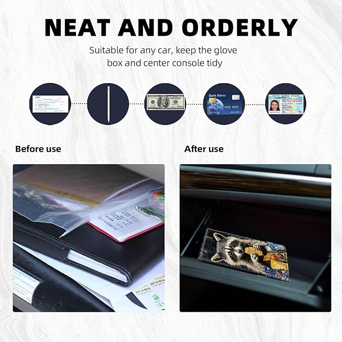 Car Registration and Insurance Holder PU Leather Vehicle Insurance and Registration Holders Wallet Case with Elastic Band Closure for ID Card, Driving Licence, Raccoon Snack Time