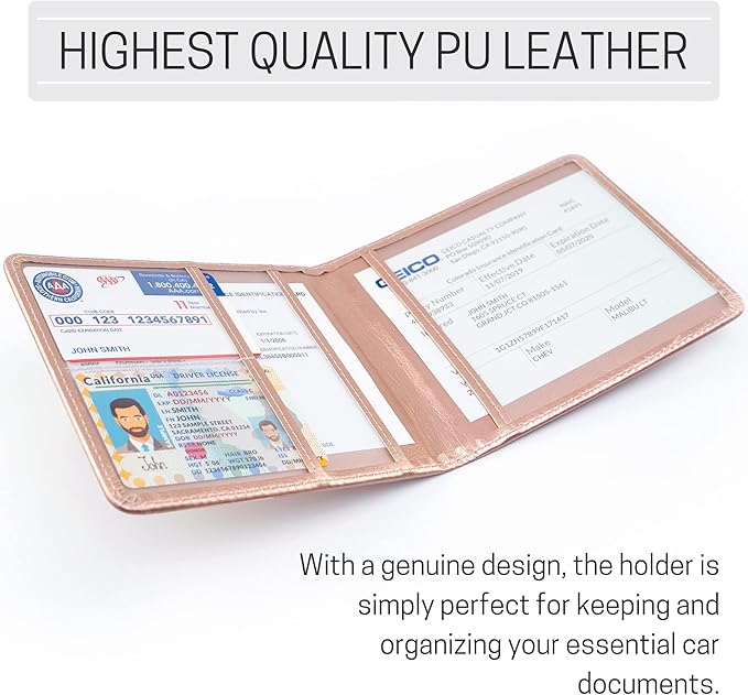 CANOPUS Car Registration and Insurance Holder, PU Leather Card Holder, Vehicle Glove Box Organizer for Auto, SUV, Truck and Motorcycle, Rose Gold