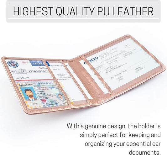 CANOPUS Car Registration and Insurance Holder, PU Leather Card Holder, Vehicle Glove Box Organizer for Auto, SUV, Truck and Motorcycle, Rose Gold