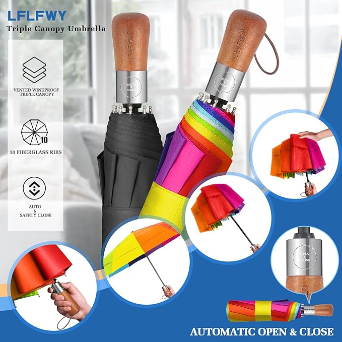 Umbrellas for Rain, 47" Large Windproof Travel Umbrella, Triple-Layer Vented Canopy, 10 Fiberglass Ribs, Auto Open Close Compact Umbrella, Wooden Handle, Heavy Duty for Commute, Gifts for Men & Women