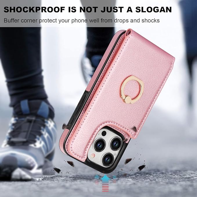 Folosu Compatible with iPhone 15 Pro Case Wallet with Card Holder, 360°Rotation Finger Ring Holder Kickstand, RFID Blocking Leather Protective Double Buttons Shockproof Cover 6.1 Inch Rose Gold