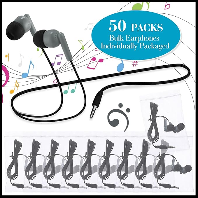 Kanayu 50 Pack Wired Earbuds Bulk for Classroom Ear Headphones Wired Basic Student Earbuds No Microphone with 3.5MM Jack for Class Laptop School Library, Individually Bagged (Gray)