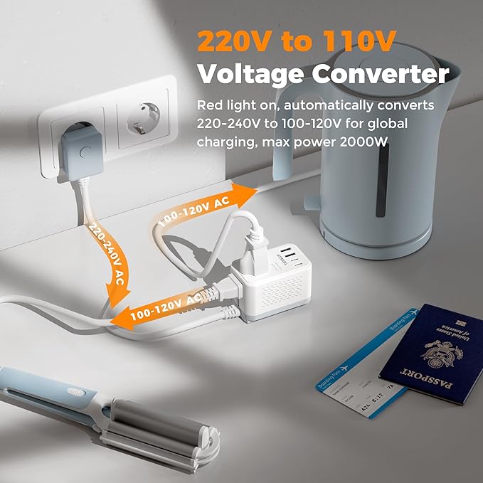 TESSAN 220 to 110 Voltage Converter US to Europe, International Travel Power Adapter with 4 USB Ports(2 USB C), 2 AC and EU/UK/AU Plug Universal Power Converter Adapter Combo, Step Down Transformer