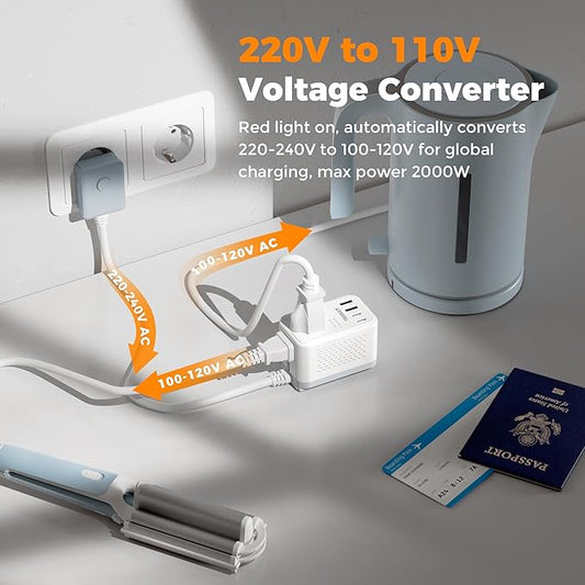 TESSAN 220 to 110 Voltage Converter US to Europe, International Travel Power Adapter with 4 USB Ports(2 USB C), 2 AC and EU/UK/AU Plug Universal Power Converter Adapter Combo, Step Down Transformer