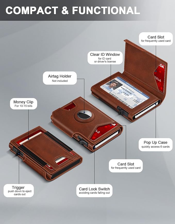 Airtag Wallet for Men, Minimalist Slim Mens Wallet Smart Pop Up Credit Card Holder for 9-13 Cards, RFID Blocking Wallet with ID Window & Cash Slot, Compact Bifold Metal Aluminum Card Case