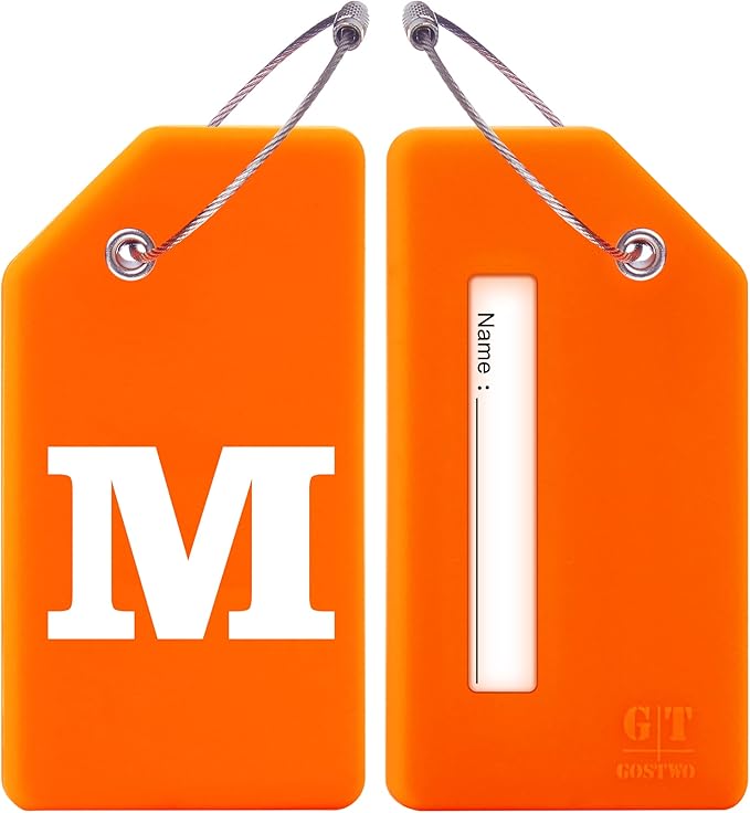 Gostwo 2 Pack Silicone Luggage Tags for Suitcases, 26 Initial Letter Baggage Labels Handbag School Bag Suitcase Instrument Tag with Stainless Steel Loop(Orange)(Letter M)