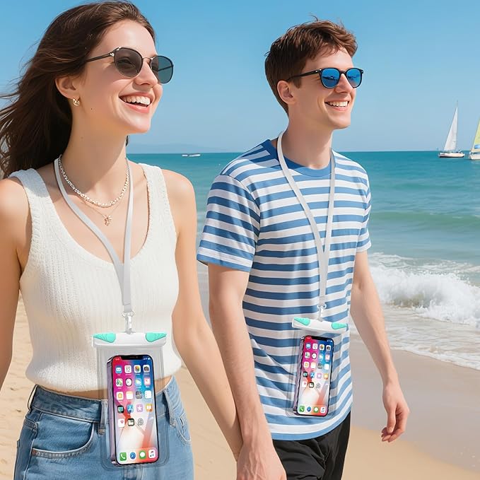 IPX8 Waterproof Phone Pouch for 16/15/14/13/12 Pro Max & Galaxy S24/S23 Samsung's Waterproof Phone case with Lanyard,Cellphone Dry Bag Beach Essentials-2 Bag 7.5 inches (White Green)