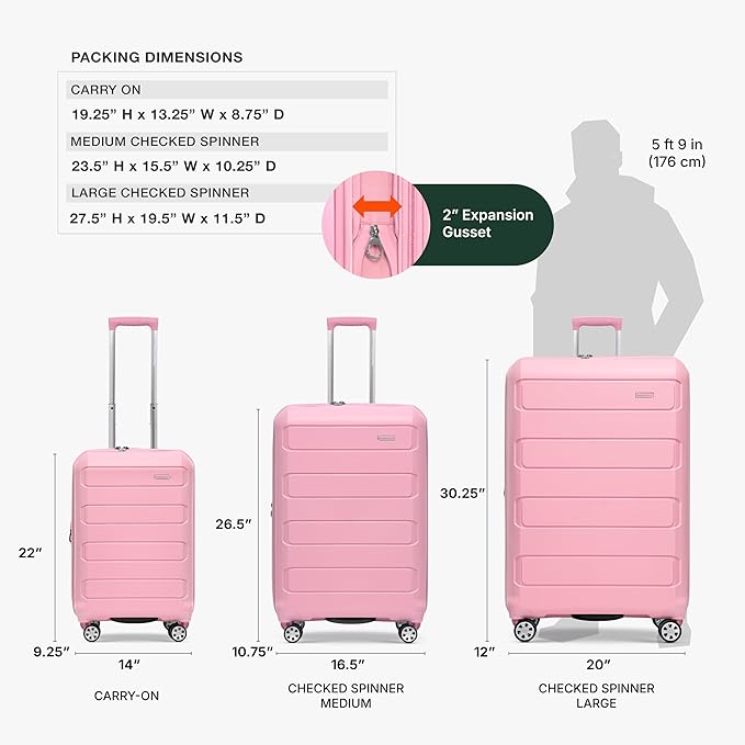 Traveler's Choice Pagosa Indestructible Hardshell Expandable Spinner Luggage, Pink, 3-Piece Set (22/26/30)