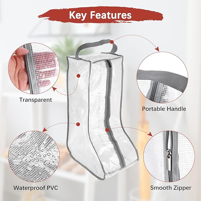 Boot Storage Bags [4PCS] - Plastic Tall Short Boot Carry Bags Clear Shoe Bags with Handle for Travel & Daily Use - [Gray] Waterproof & DustProof Boot Bags for Cowboy Boots