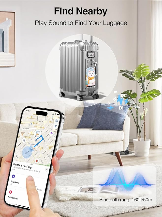 TopMade Smart Luggage Tag with Apple Find My, Premium Leather Luggage Tags for Suitcase, Travel Bags, Backpacks, Anti-Lost Suitcase Tag Tracker for Travel with Privacy Name Card, Rechargeable