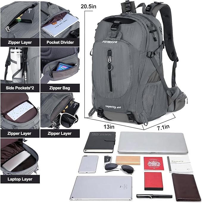 FENGDONG 40L Waterproof Lightweight Hiking,Camping,Travel Backpack for Men Women Gray