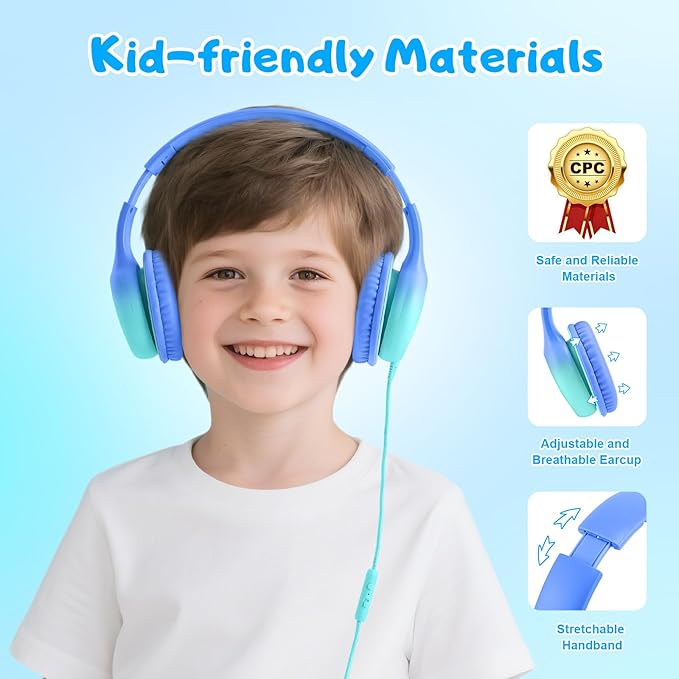 Kids Headphones, Wired Headphones for Kids with Microphone 85/94dB Volume Limit, Stereo Sound Portable Over Ear Headphones for School/Travel/Tablet/iPad, Gradient Blue