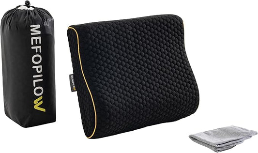 Memory Foam Travel Pillow with Washable Cover & Carry Bag – Compact, Soft & Breathable Neck Pillow for Airplane, Camping & Car (Black- with Extra Gray Cotton Cover, 13.8x11.8x3.9/3.1 inches)