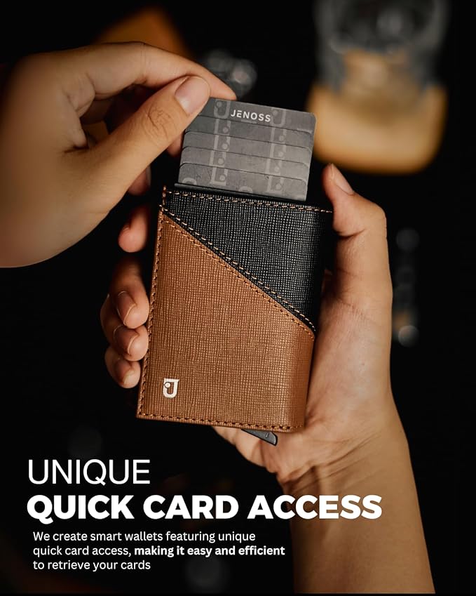 Jenoss Smart Wallet For Men: Full Grain Leather, Handcrafted, Slide Metal Pop Up Case, Slim RFID Blocking Credit Card Holder, Compact 12 Cards Slot Organizers, ID, Money Clip(Brown & Black)