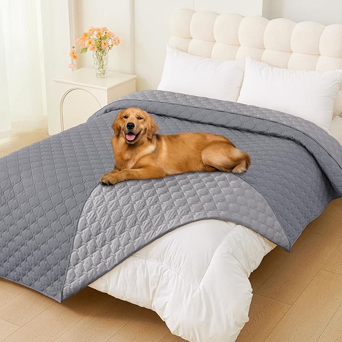 Smiry Waterproof Dog Bed Cover Blanket, Soft Reversible Pet Blanket, Washable Leakproof Cats Dogs Couch Cover for Sofa, Couch, Furniture, Plaid (82x82 Inch, Grey/Light Grey)