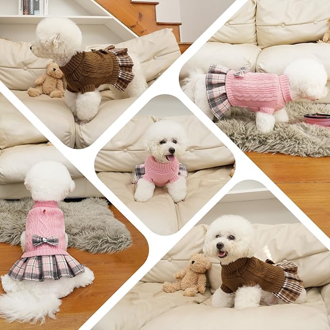YUDODO 2 Pack Small Dog Sweater Dress with Bowtie Turtleneck - Knitted Pet Girl Dog Winter Clothes - Pet Warm Sweater for Puppy Yorkies, Chihuahua (L Grey+Pink)