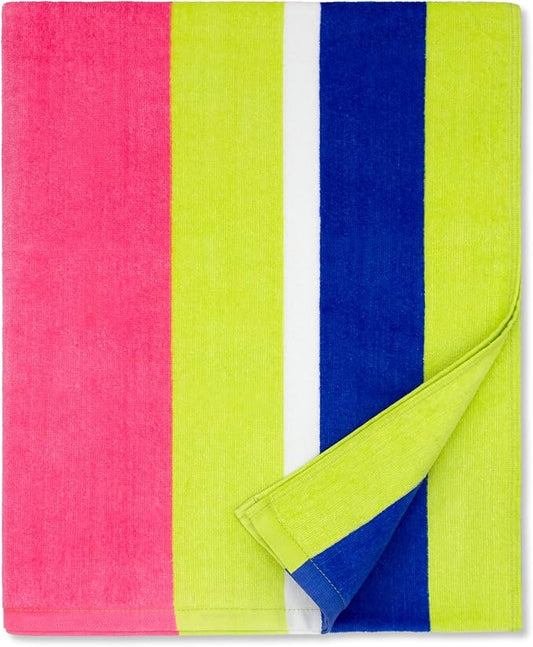 cabanana Large Beach Towel Oversized - Cotton Velour 35 x 70 Inch Rainbow Striped Terry Pool Towel, Cabana Soft Swimming Towel for Adults Women Men (Rainbow Pink)