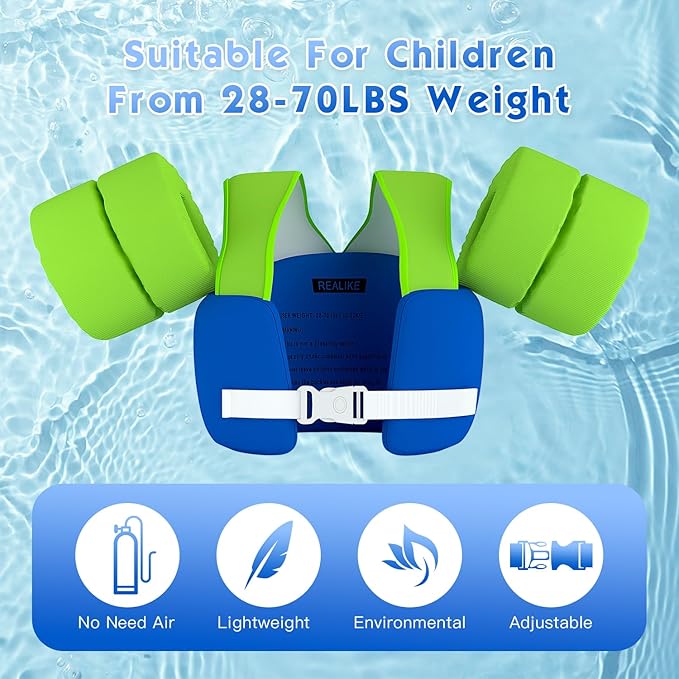 REALIKE Kids Swim Vest for Toddler Floaties Swimming Aids with Shoulder Harness Arm Wings for Children/Infant/Baby,Sea Beach/Pool/Lake, Suitable for 28-70lbs Boys/Girls