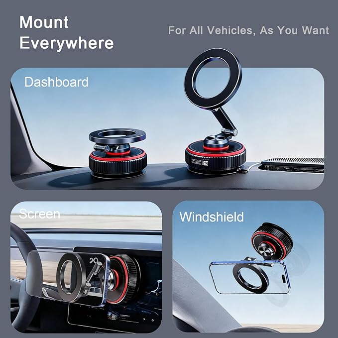 Magnetic Car Phone Mount, 120+ LB Vacuum Suction & 3000gf Magnetic Force, 360° Triple-Axis Adjustable Car Holder for iPhone & All Phones, Twist-Lock Suction Cup, Quick-Release – Black