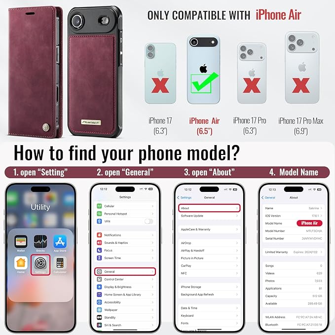 PlusnapX Wallet Case for iPhone Air Compatible with Magsafe, 2-in-1 PU Leather Flip RFID Blocking Card Holder Stand ShockAirof Magnetic Detachable Case for iPhone 17 Air Case 6.5", Burgundy