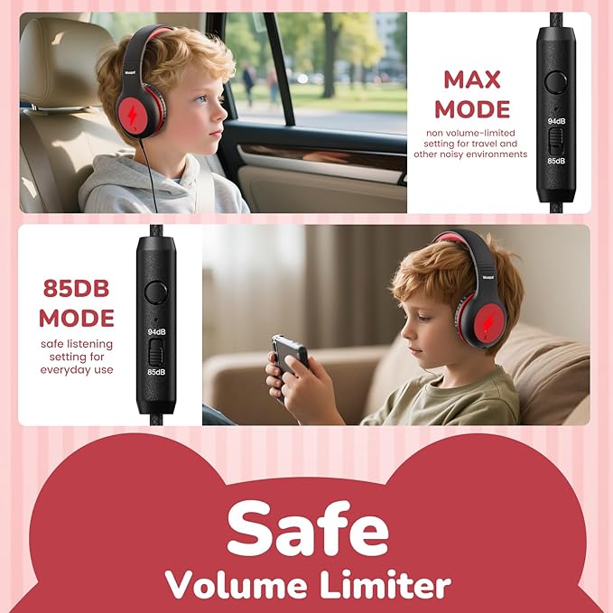 Kids USB C Headphones for School, 2025 Upgrade Safe Listening Wired Over-Ear Headphones with LED Lights, Volume Limiter & Microphone, Foldable Design for iPhone 16, iPad, Tablet (Black Red)