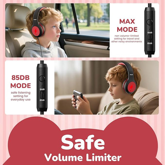 Kids USB C Headphones for School, 2025 Upgrade Safe Listening Wired Over-Ear Headphones with LED Lights, Volume Limiter & Microphone, Foldable Design for iPhone 16, iPad, Tablet (Black Red)