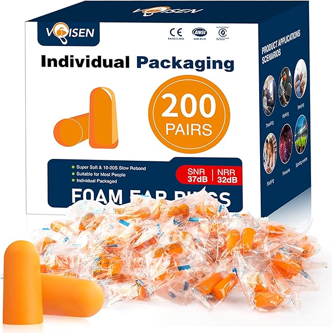 VOISEN Ear Plugs,200 Pairs EarPlugs for Sleeping,32dB NRR 37dB SNR Ear Plug Noise Cancelling for Snoring, Studying, Loud Events, Traveling & Concerts, Individual Package