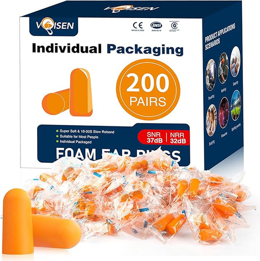 VOISEN Ear Plugs,200 Pairs EarPlugs for Sleeping,32dB NRR 37dB SNR Ear Plug Noise Cancelling for Snoring, Studying, Loud Events, Traveling & Concerts, Individual Package
