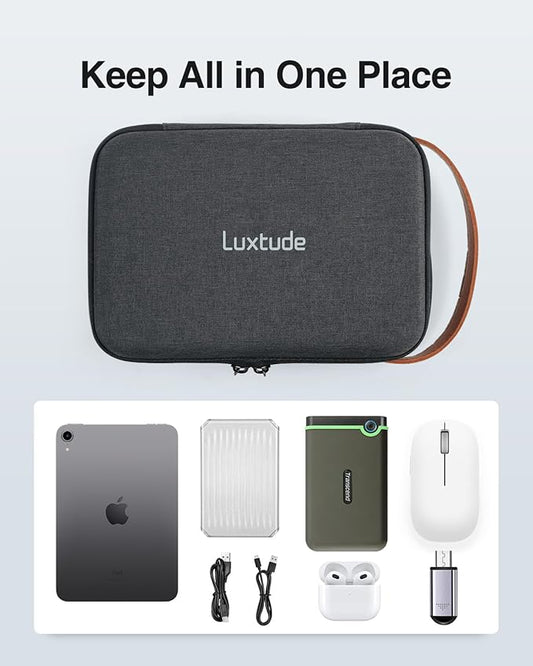 Luxtude Tech Organizer Travel Case, Portable Electronics Organizers, Hard Case for Electronics, Black Tech Bag, Charger Cases, Carrying Cases for iPad Mini (Up to 7.9’’), Mouse