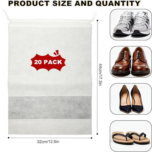 20 Pack Shoe Bags for Travel, 17" x 12.6" Drawstring Shoe Organizers with Clear Window, Breathable Non-Woven Dustproof Pouches for Luggage & Closet (White)