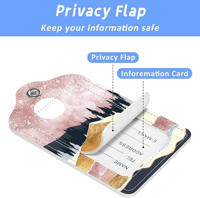 Art Mountains Luggage Tags 2PCS PU Leather Suitcases Tag with Stainless Steel Loop and Privacy Name Address Cover Label Card for Women Men Travel