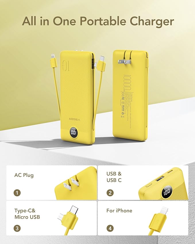 VEGER Portable Charger with Built-in AC Plug and Cables, All in One 10000mAh Ultra Slim Power Bank Travel Essentials, 15W Fast Charging Battery Pack Compatible with iPhone, Samsung, Android (Yellow)