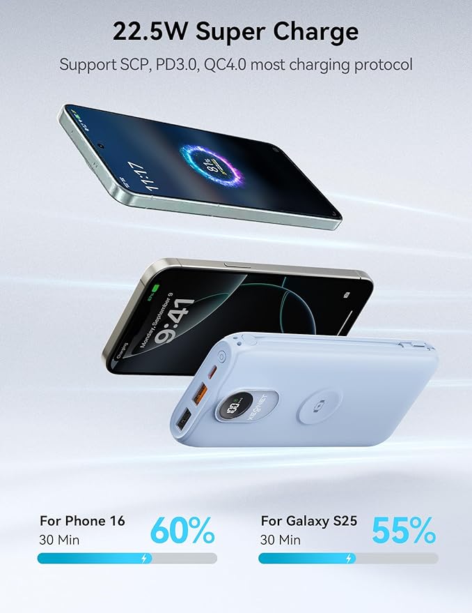 Portable Charger, 10000mAh 22.5W Fast Charging Power Bank with Built in Cable & Wall Plug, Travel Essential Battery Pack with LED Display, External Charger for iPhone, iWatch 11/10/9/8/Ultra/SE Blue