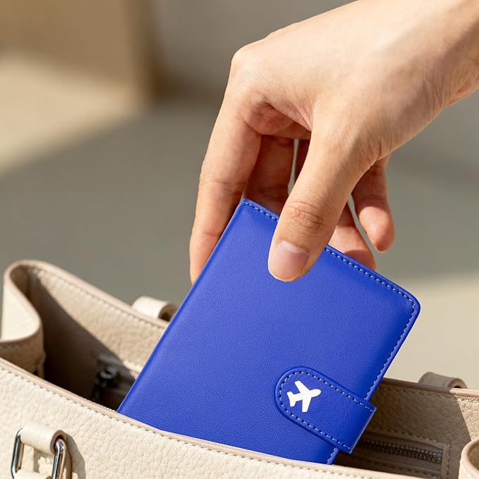 Passport Holder, Travel Wallet Cover with Pen Loop | Cute RFID Blocking Leather Case with Magnetic Closure for Travel Essentials-Blue