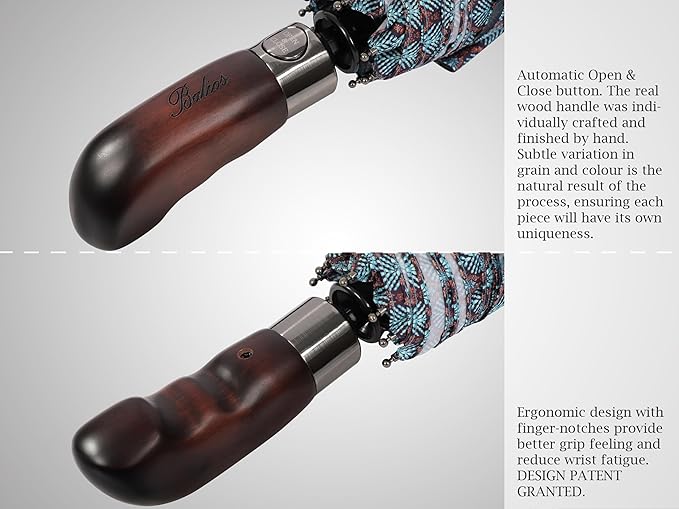 Balios Travel Folding Umbrella with Real Wood Handle Auto Open Close Vented Windproof Canopy - Designed in UK