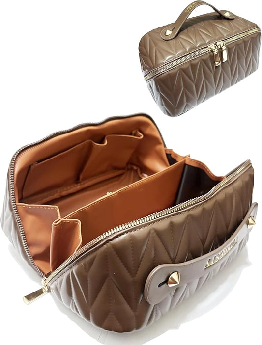 Travel Makeup Bag for Women, Large Capacity Cosmetic Bags for Girls, Compact Pouch Make up Organizer, Waterproof Toiletry Bag with Divider and Handle (Brown)