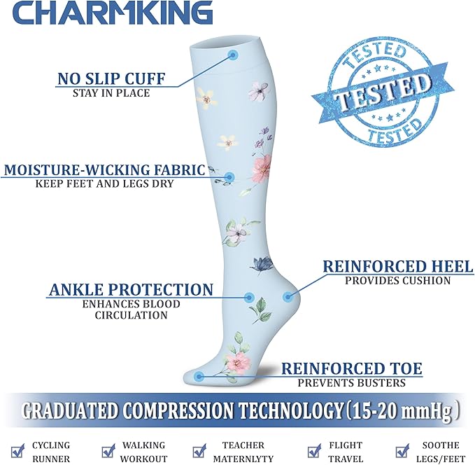 CHARMKING Compression Socks for Women & Men Circulation (8 Pairs) 15-20 mmHg is Best Support for Athletic Running,Cycling