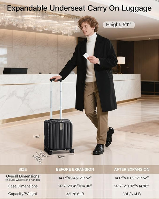 Hanke 16 Inch Expandable Under Seat Luggage with Wheels Top Opening Small Suitcase with Wheels Carry On Luggage Airline Approved Lightweight Hard Shell Suitcases for Weekender Overnight-Jet Black