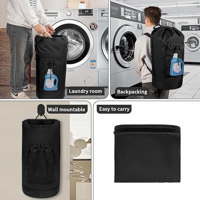 Laundry Bag Backpack with Shoulder Straps and Mesh Pocket Foldable Clothes Hamper Bag with Drawstring Closure for College, Apartment, Laundromat (Black)