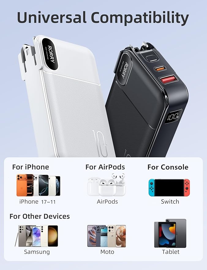 RORRY Portable Charger Built in Cables, AC Wall Plug In Portable Charger Power Bank 10000mAh Travel Battery Pack 22.5W Fast Charging for iPhone 17/16/15 Samsung Galaxy S24/S23/S22 Pixel LG iPad, Black