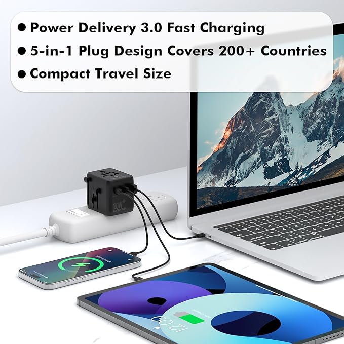 Universal Travel Adapter w/USB Ports, GaN All in One Worldwide Plug Adapter, International Power Converter for All Devices, Wall Charger AC Power Type C Charging Ports for USA EU UK AUS