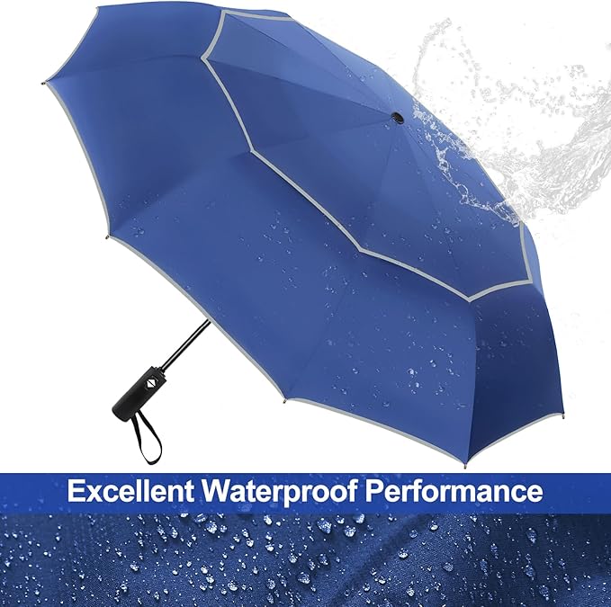 Satol Extra Large Golf Umbrella, 46/54/62 Inch Windproof 10 Ribs Vented Double Canopy Reflective Strips Automatic Open/Close Waterproof UV Protection Portable Compact Umbrella for Outdoor & Travel