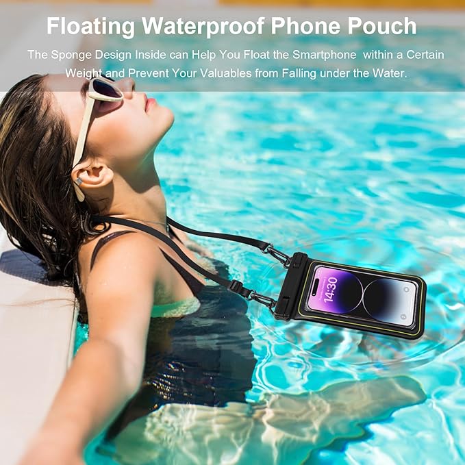 Waterproof Phone Pouch Floating, IP68 Waterproof Phone Case for iPhone 16 Pro 15 14 13 12 11 Pro Max Samsung Google, Dry Bag with Adjustable Lanyard, Up to 6.7'' Black