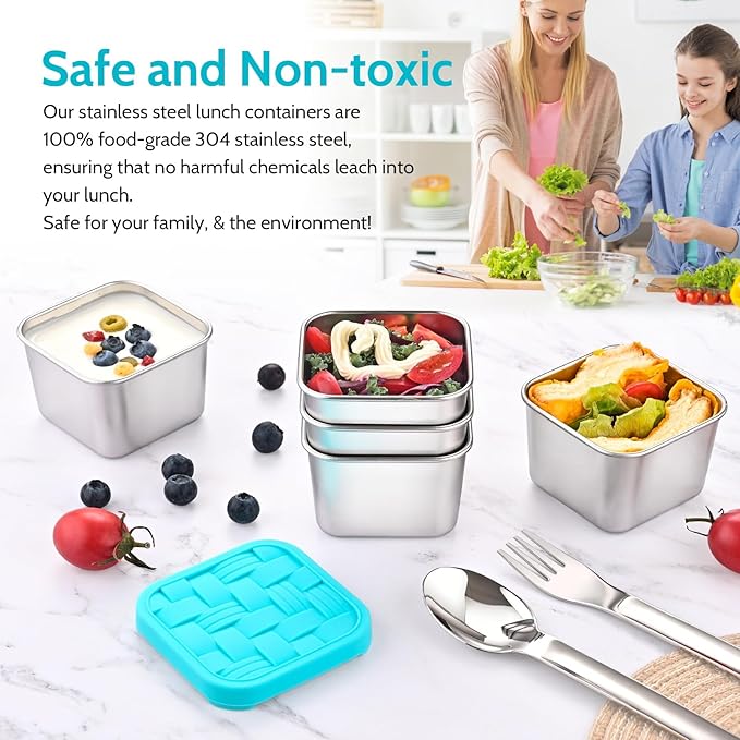Ryrokxivi 4PC 6oz Stainless Steel Snack Containers for Kids, BPA-Free Metal Toddler Snack Containers with Silicone lids, Leakproof Reusable Lunch Containers for School, Travel, Bento, Daycare